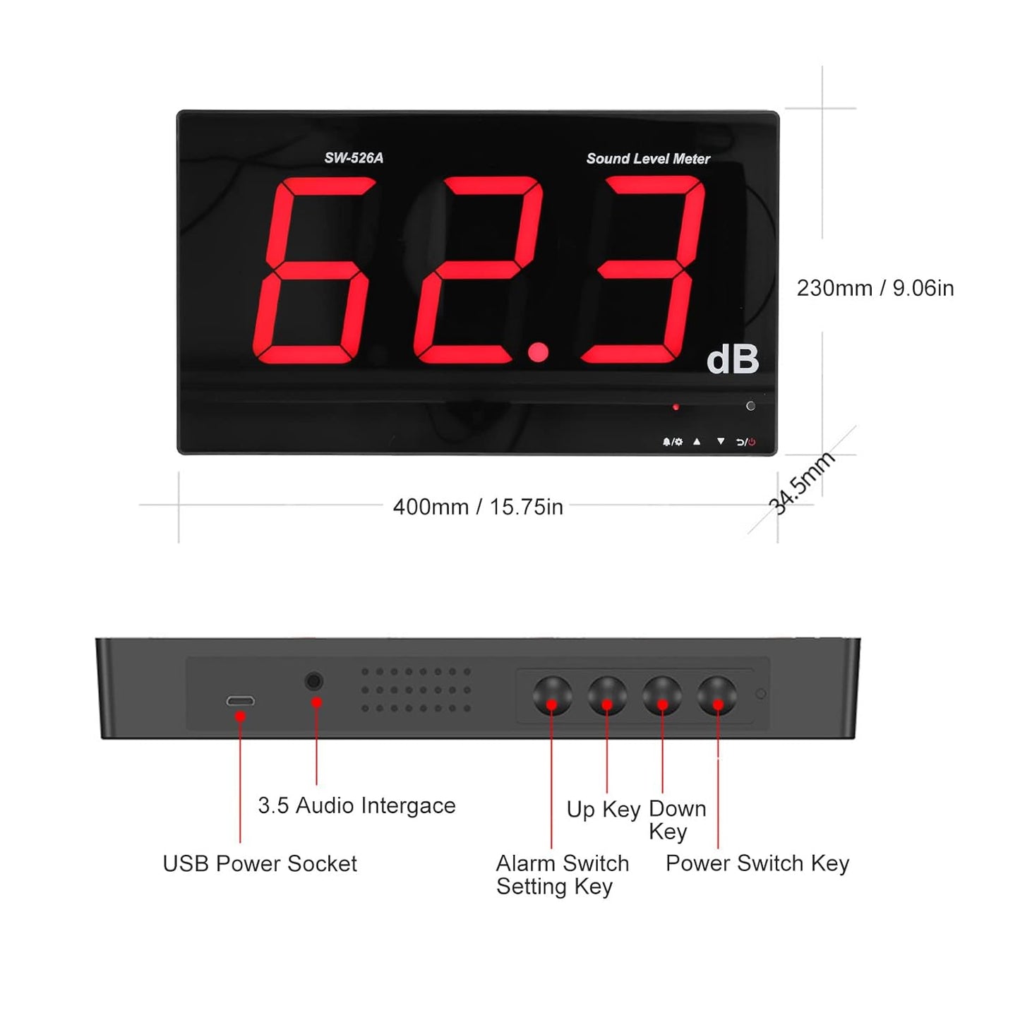 Hilitand Decibel Meter Sound Level Reader 18in LCD Display Classroom Noise Meter Wall Mounted Decibel Reader