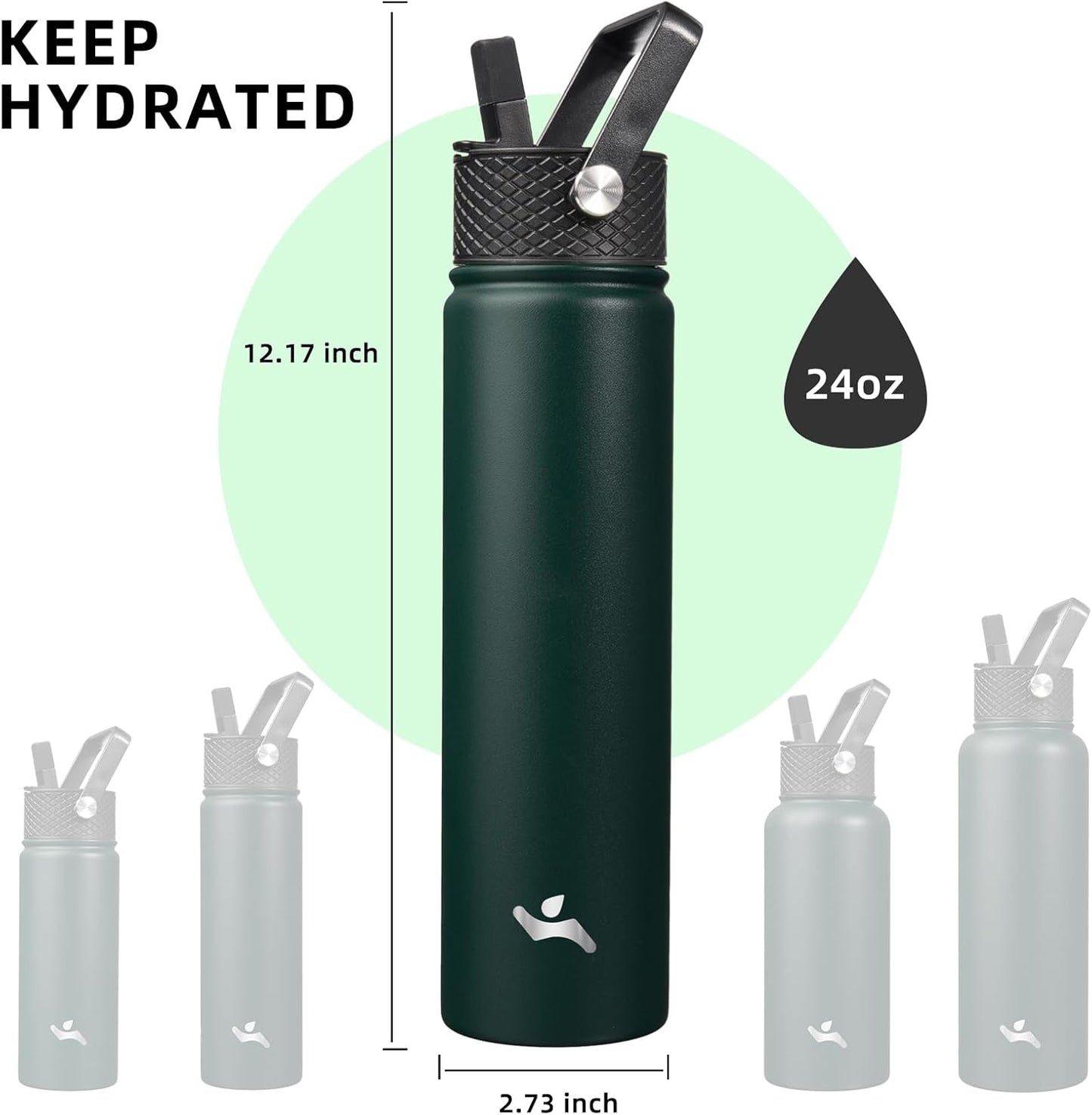 Insulated Water Bottle 24oz Stainless Steel Sport Bottles with 3 Lids,Army Green