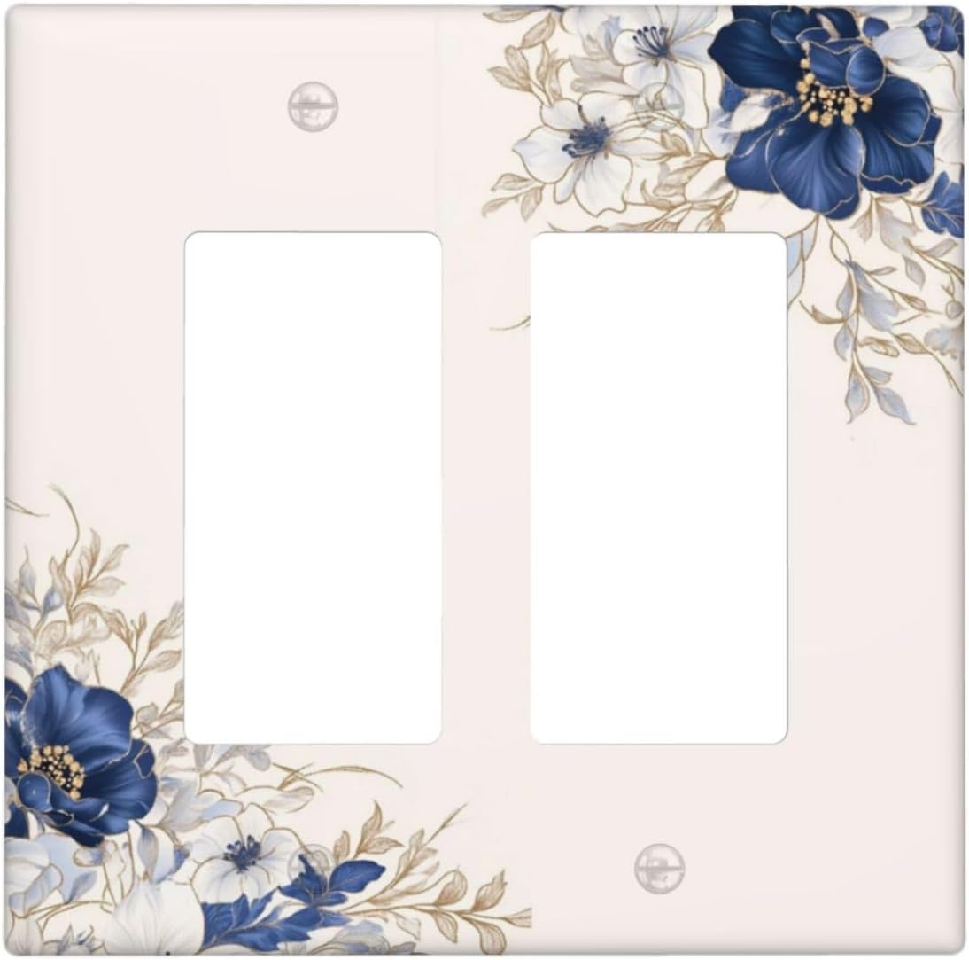 Decorative Outlet Covers Rustic Blue Beige Flower Peony Floral 2 Gang Light Switch Cover Plate Double Rocker Wall Plates for Electrical Outlets Switch Plate Covers for Bedroom Home Decor