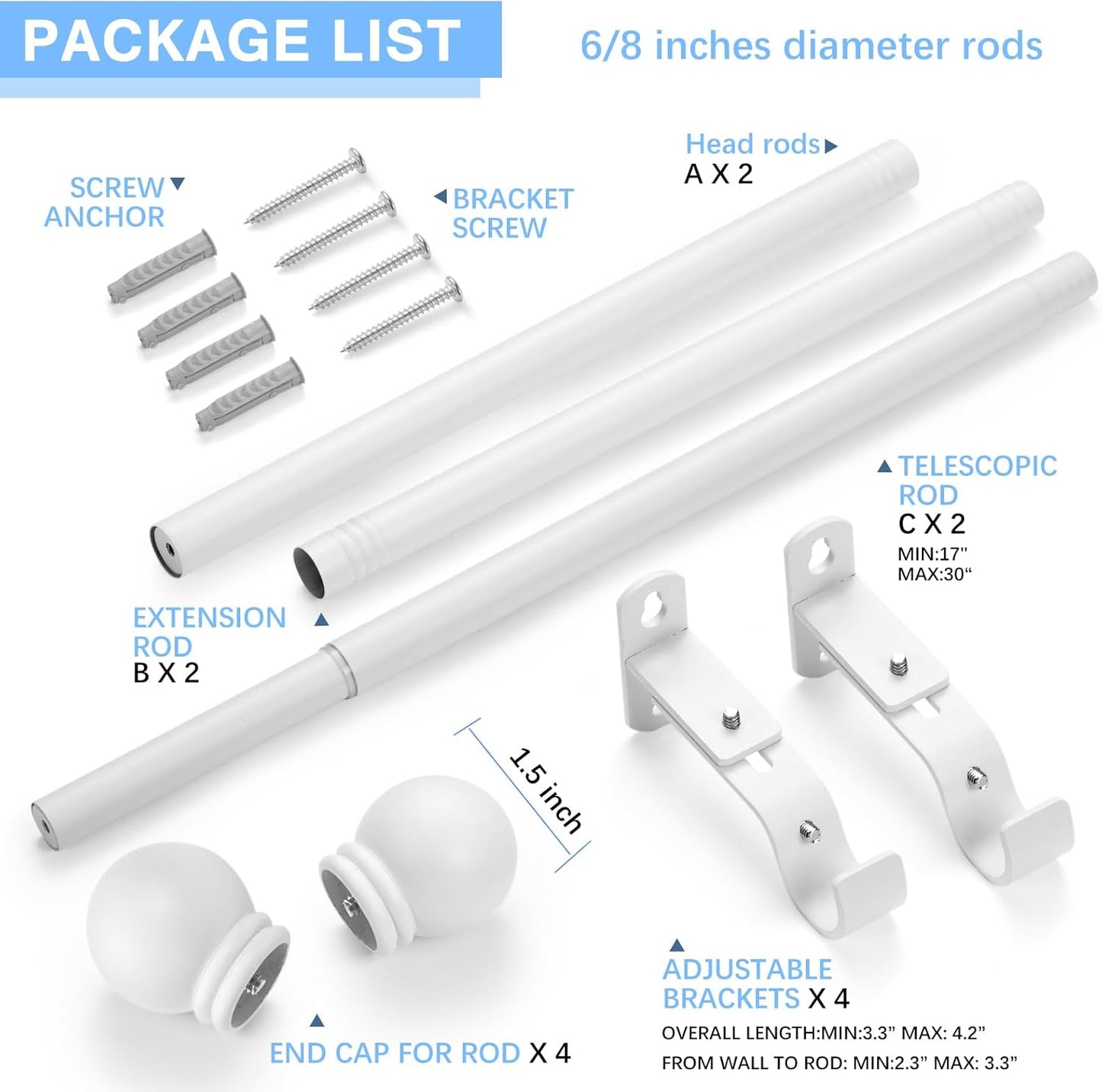Curtain Rods for Windows 16 to 48 Inches, Curtain Rod Max Adjustable Length of 60 IN, 6/8" Diameter Drapery Rods Round Finials, White, Pack of 2