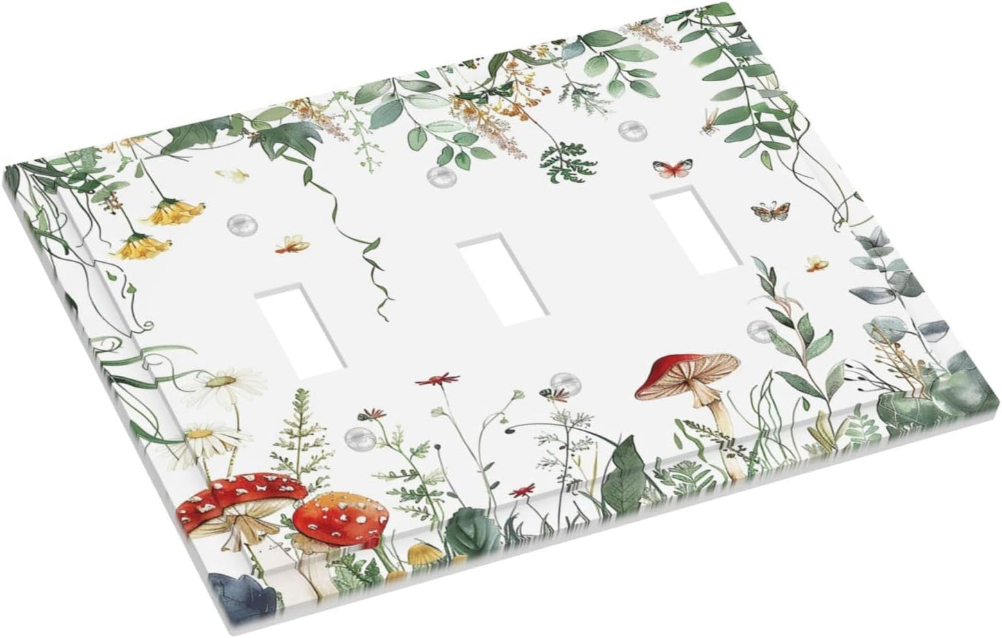 Decorative Switch Plates Sage Plant Red Mushroom Butterfly Wild Flower 3 Gang Wall Plate Triple Toggle Light Switch Cover Faceplate Electrical Wall Panels For Bed Room Kids Room Decor