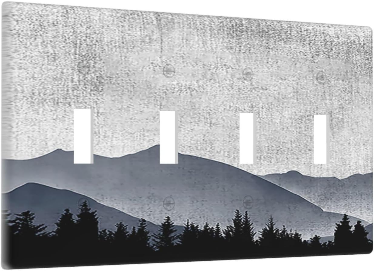 Light Switch Covers Natural Landscape Mountains Pine Trees Quad Toggle Electrical Faceplate 4 Gang Wall Plate Decorative Switch Plates for Bedroom living Room Decor