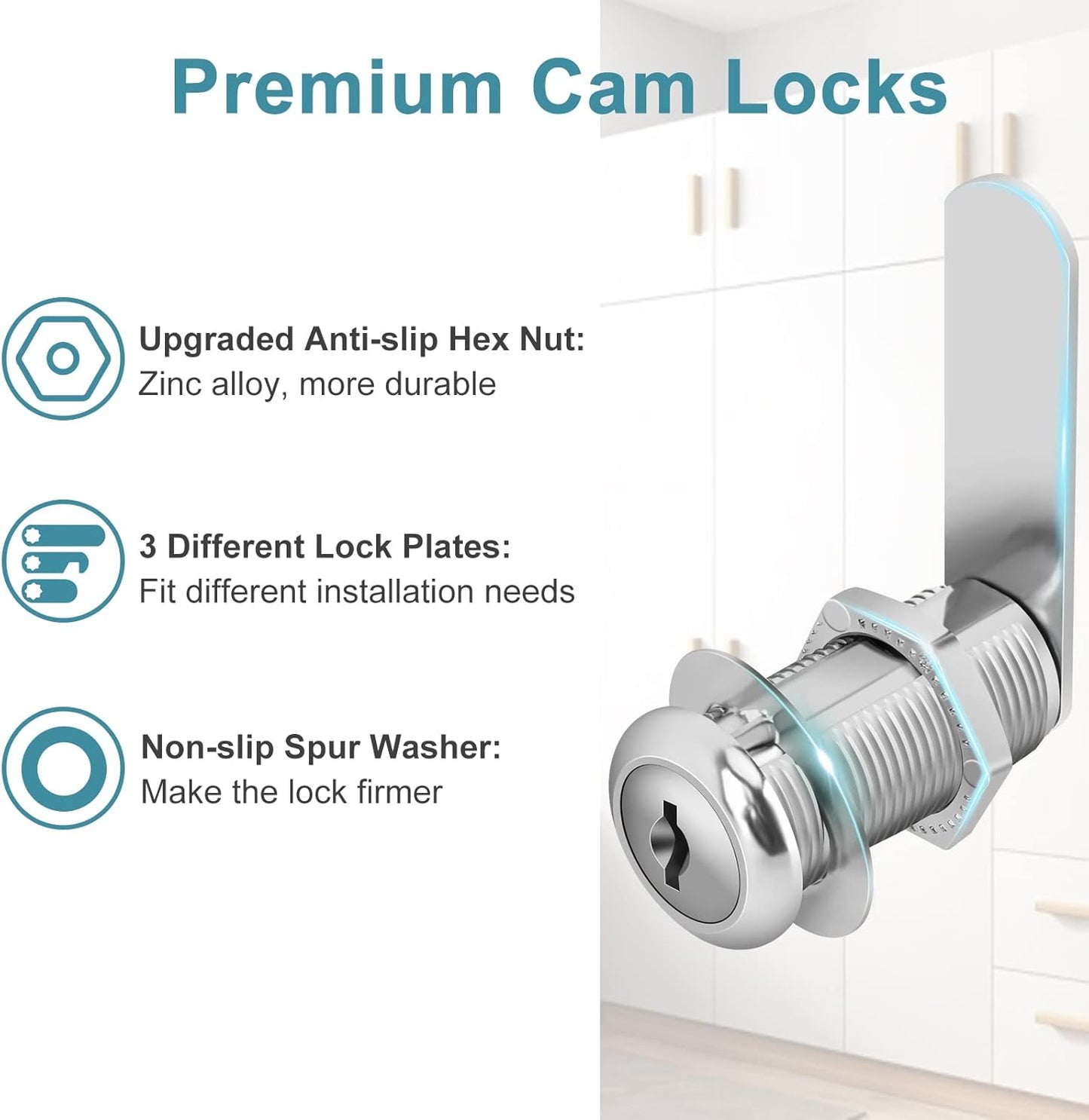 Cam Locks Cabinet Locks Keyed Alike, 1-3/8'' (Length) Cylinder Fits on 1-1/8'' Max Panel Thickness, 16pcs Secure Files Drawers RV Storage Locks Replacement Set, Zinc Alloy Chrome Finish