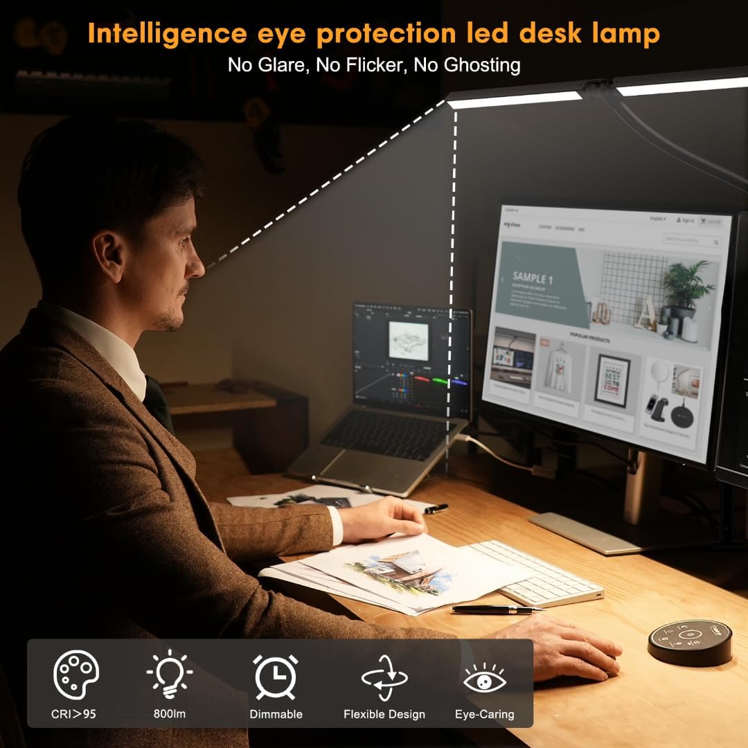 Led Desk Lamp for Office Home - Eye Caring Architect lamp with Clamp,Dual Screen Computer Monitor Work Smart Light: 24W 5 Color Flexible Adjustable Lighting Table Lamp for Study Drafting