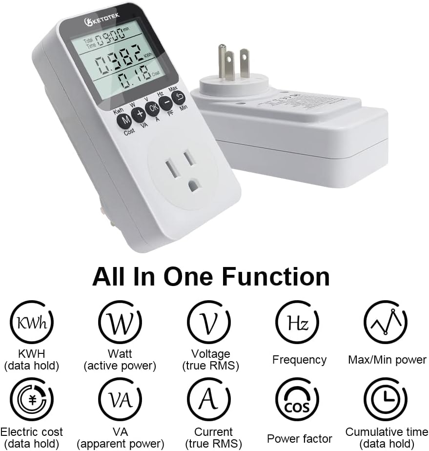 KETOTEK Watt Meter Power Meter Plug Electricity Usage Monitor for Home, Energy Monitor with LCD Display, Kilowatt Meter Socket Outlet, Voltage Amps Power Consumption Meter, Overload Protection
