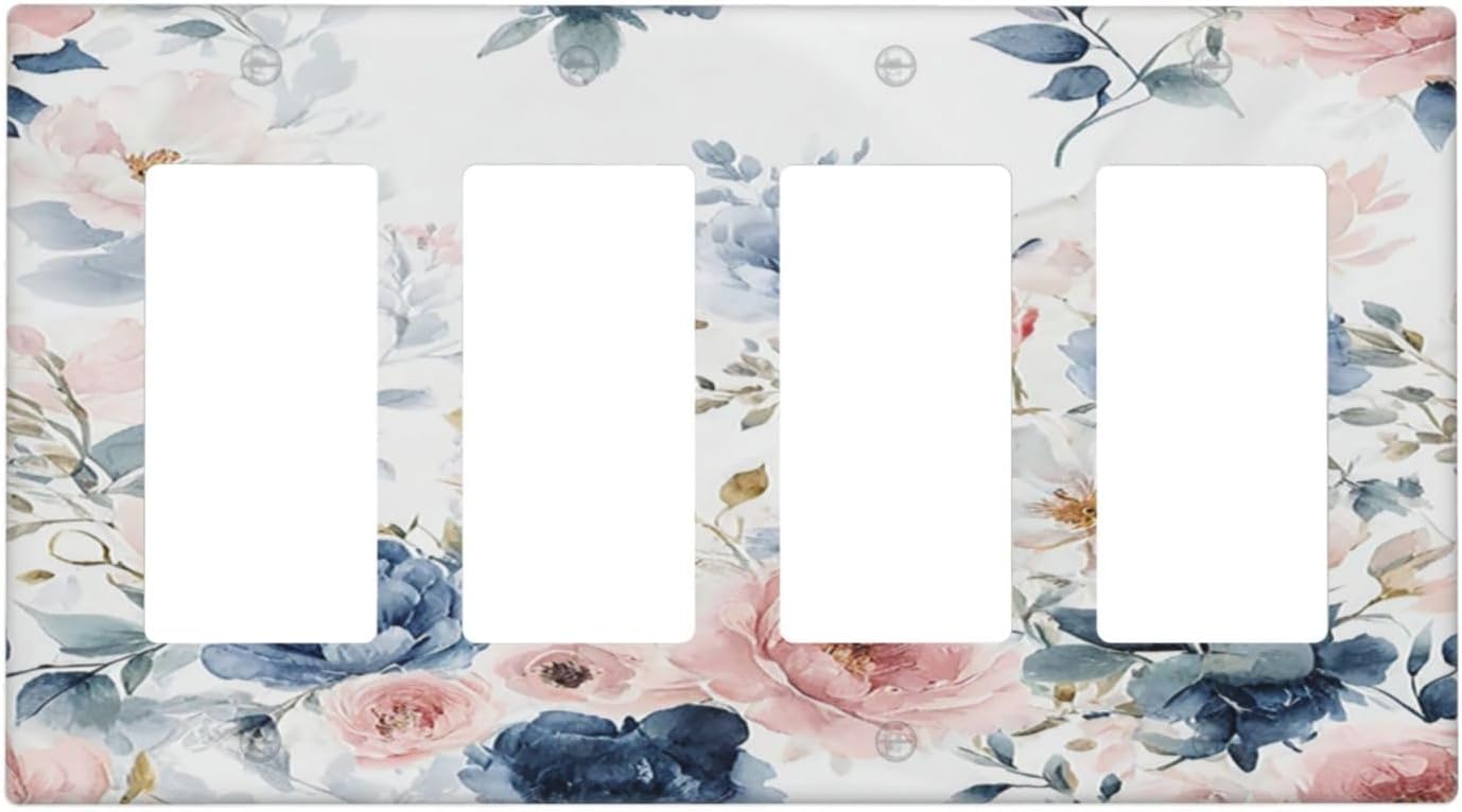 Elegant Watercolor Pink Blue Flowers Floral 4 Gang Wall Plates Outlet Covers Triple Rocker Light Switch Cover Plate Decorative Switch Plates GFCI Electrical Faceplate for Bathroom Bedroom 4.5 X 8 IN