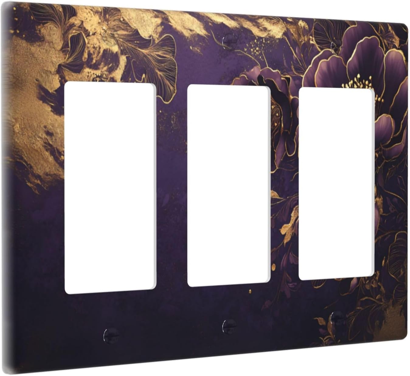 Decorative Outlet Covers Vintage Purple Peony Gold Leaf Flowers Floral 3 Gang Wall Plate Triple Rocker Light Switch Cover Plate Jumbo Electrical GFCI Face Plate for Bedroom Home Decor
