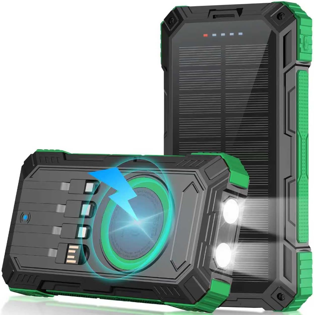 Solar Charger Power Bank 49800mAh Portable solar panels QC 3.0 22.5W Wireless Fast Charging with 6 Outputs for Cell Phones, Built in 4 Cables,USB C Waterproof Battery Pack for Camping,LED Flashlight