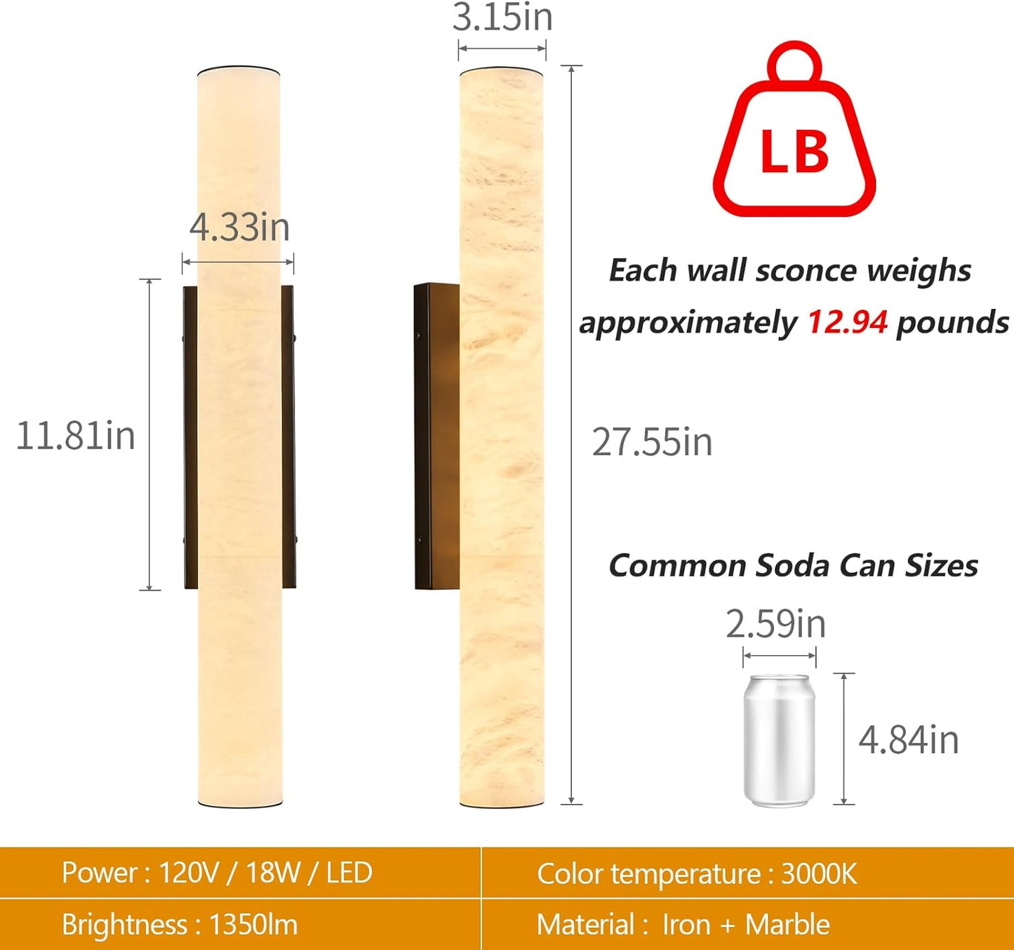 LMQNINE Natural Alabaster Wall Sconces Spanish Marble Wall Light Cylinder Modern Black LED Sconce for Living Room Bedroom Bathroom Stairs（M-1Pack）
