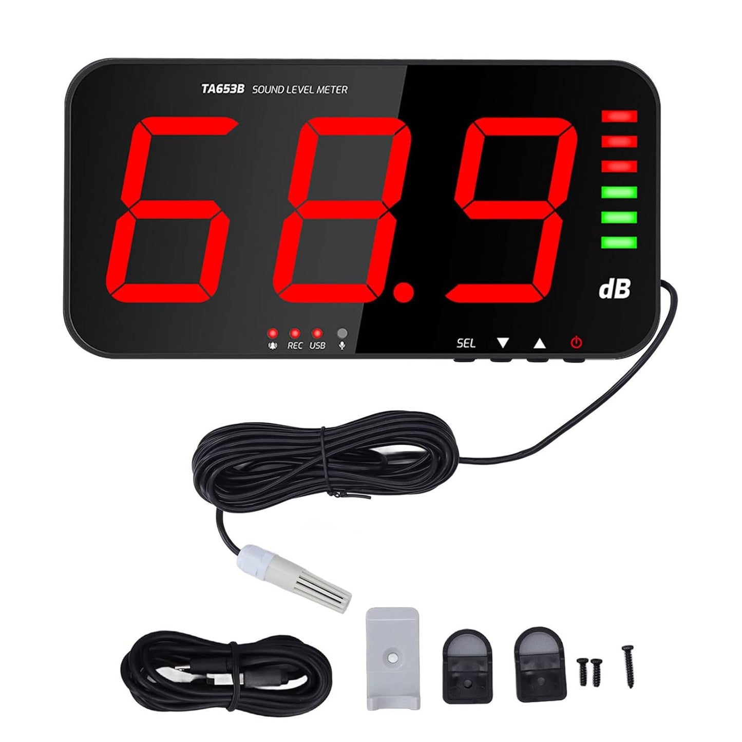 Decibel Meter Sound Alarm Wall Hanging Noise 30-130db Reader Digital Large LCD Display Mounted Temperature Humidity Measuring Level Db Tester TA654B