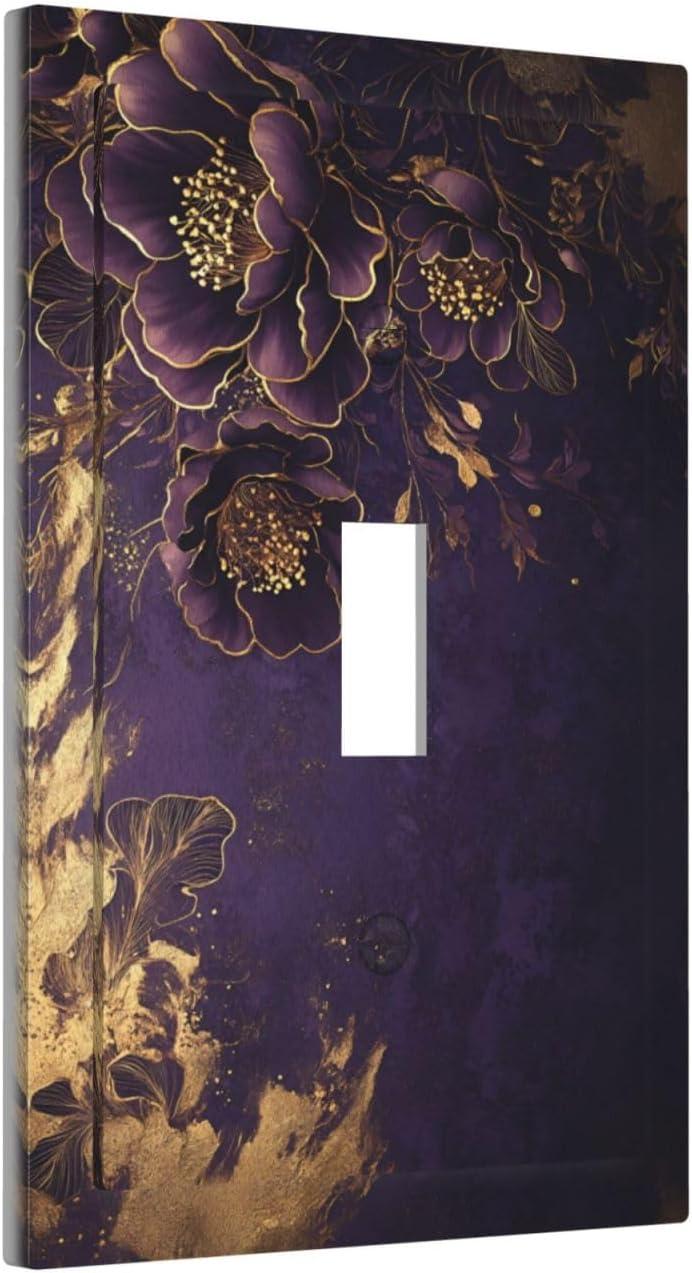 Decorative Light Switch Cover Vintage Purple Peony Gold Leaf Flowers Floral 1 Gang Wall Plate Oversized Single Toggle Jumbo Electrical Switchplate Face