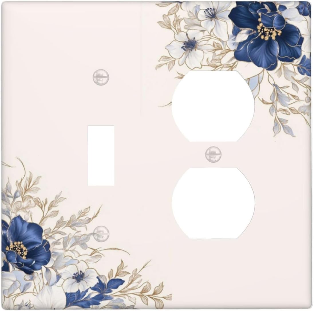 Decorative Outlet Covers Rustic Blue Beige Flower Peony Floral 2 Gang Light Switch Cover Plate Single Toggle Duplex Wall Plates for Electrical Outlets Switch Plate Covers for Bedroom Decor