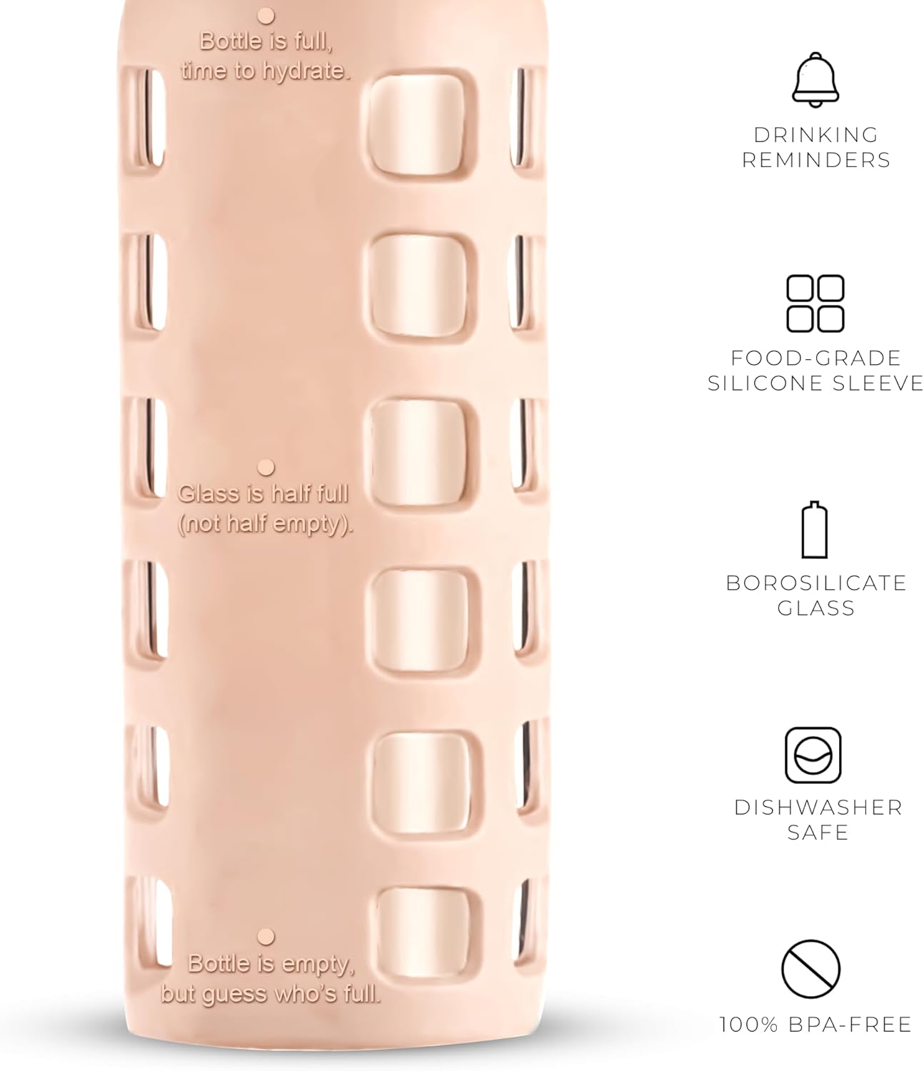 purifyou 40oz / 32oz / 22oz / 12oz Borosilicate Glass Water Bottle with Time & Volume Markers, Silicone Sleeve, Stainless Steel Lid | Reusable Glass Bottle for Water & Juice (12oz Hazelnut)