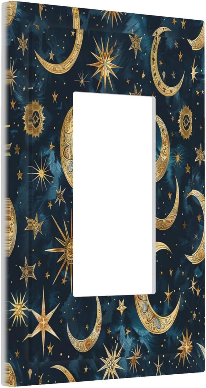 Decorative Outlet Covers Modern Abstract Sky Blue Gold Moon Sun Star 1 Gang Single Rocker Light Switch Cover Plate Wall Plates GFCI Faceplate for Bedroom Kids room Decor