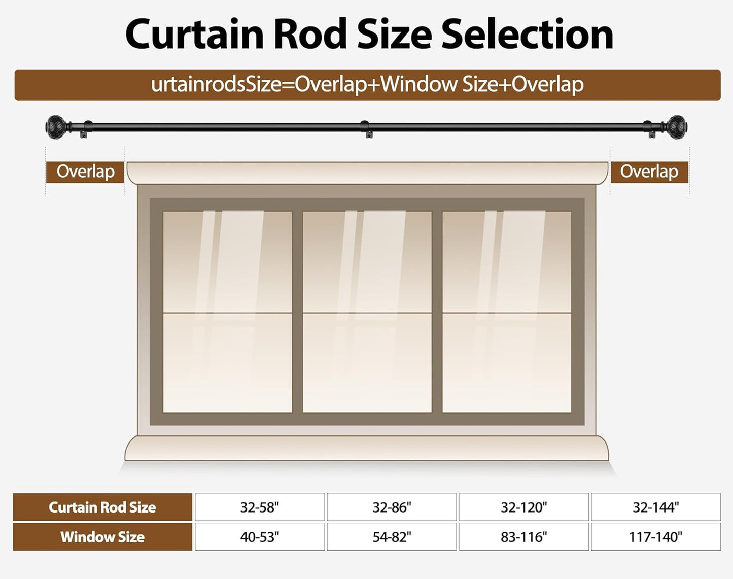 TONIAL Black Curtain Rod 32 to 120 Inches, 7/8 Adjustable Curtain Rods for Windows 20 to 116 Inches, Splicing Drapery Rods Heavy duty with Netted Texture Finials