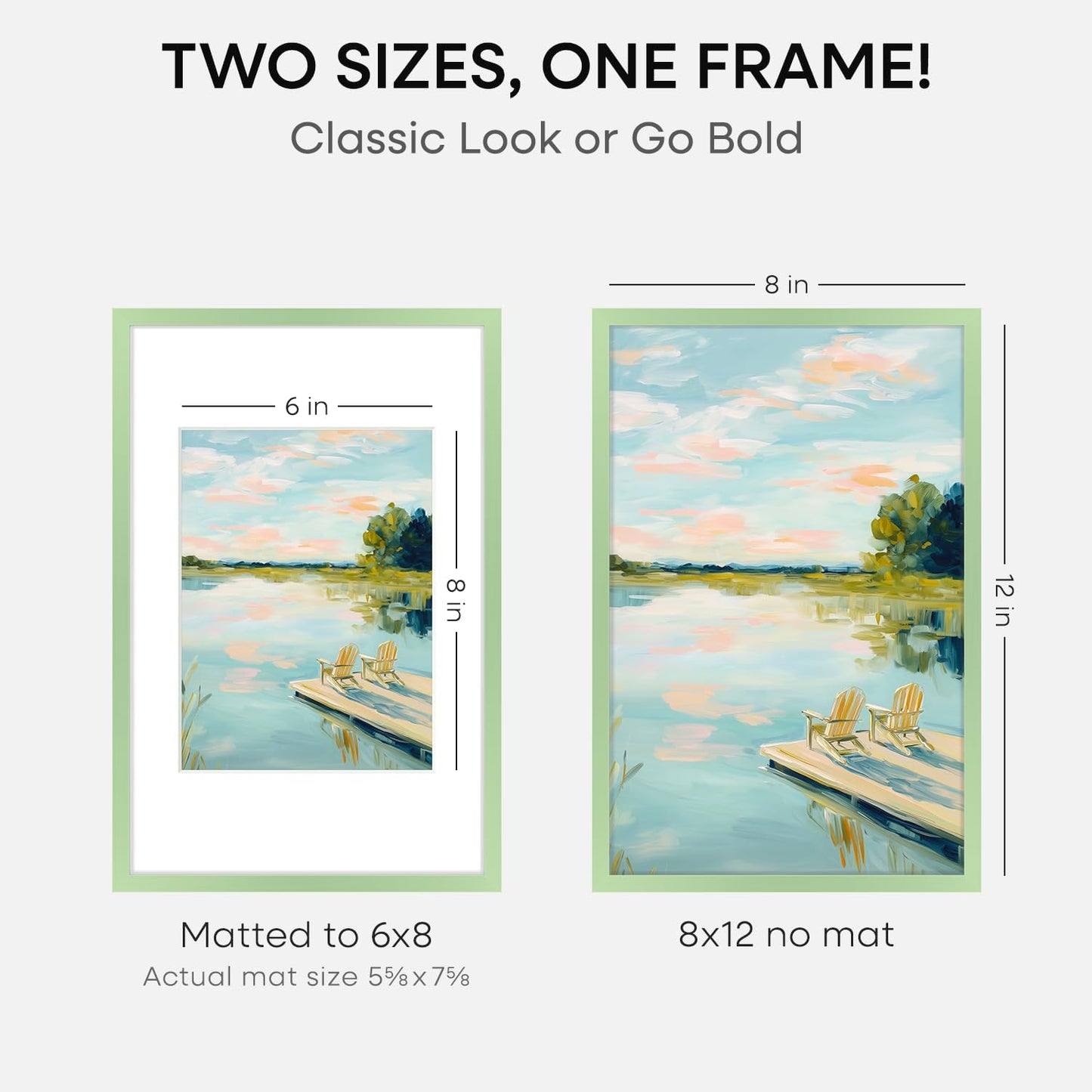 Homeforia 8x12 Picture Frame Sage Green, High End Metal 8 x 12 Poster Frames with Mat 6 by 8 Photo, 12x8 Frame Matted to 6x8 inch Art, 8by12 Wall or Tabletop Frames, Tempered Glass, Wall Kit, Set of 1