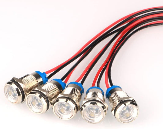 5pcs AC/DC 12-24V White 10mm Energy-Saving LED Metal Indicator Light Waterproof Signal Lamp with Wire