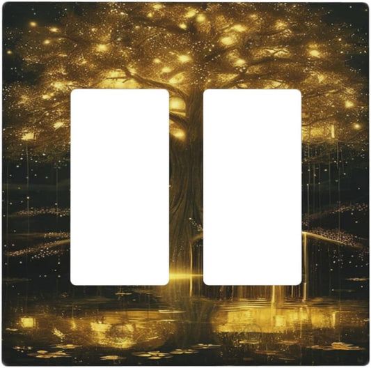 Decorative Outlet Covers Golden Shining Fantasy Kabbalah Tree of Life 2 Gang Light Switch Cover Plate Double Rocker Wall Plate Switch Plate Covers Faceplate for Bedroom Home Decor