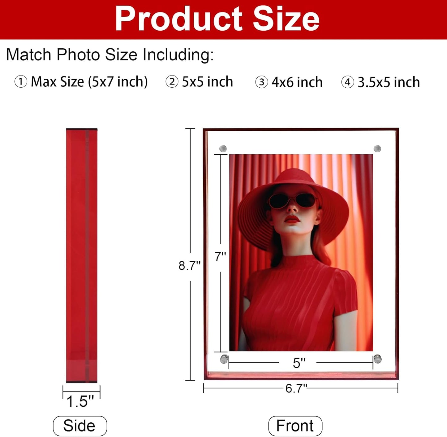 5x7 Picture Frame, Stunning Color Acrylic Photo Frames, Wall & Tabletop Display Frames, Modern Floating Style for Home Office Decoration, Red (1 Pack)