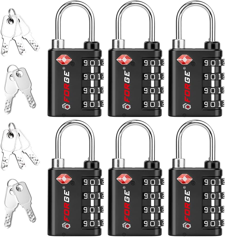 Forge Dual-Opening: Key or Combination Lock, TSA Approved Lock for Luggage, Pelican case, Travel, Gym, School, Luggage Combination Lock, Travel Bag Lock (Black 6 Pk)