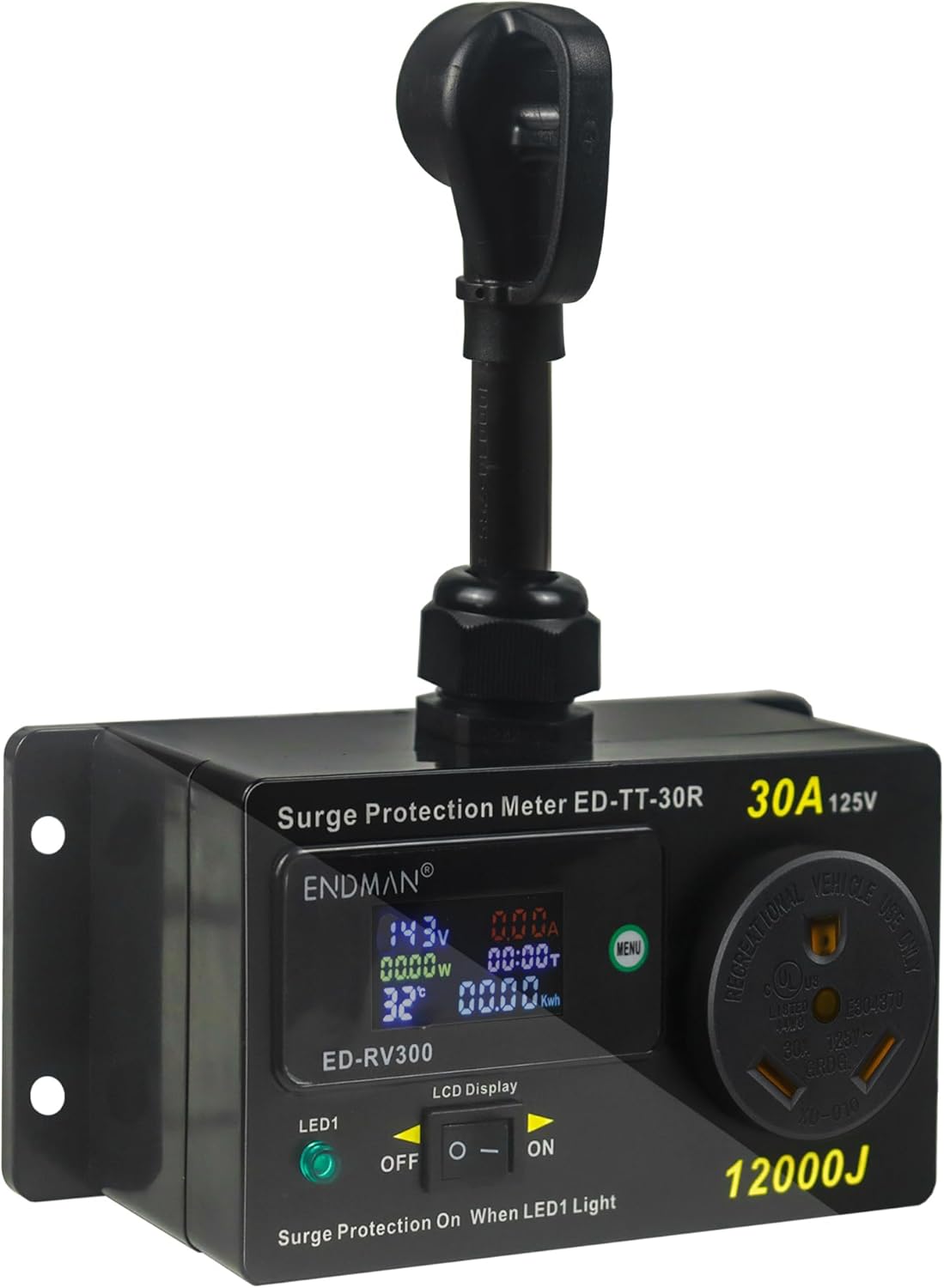 RV 30 Amp Surge Protector with Power Meter (kWh) - 12,000 Joules High Surge Guard - Real-Time Voltage & Amp Monitor for Travel Trailers (NEMA TT-30P)