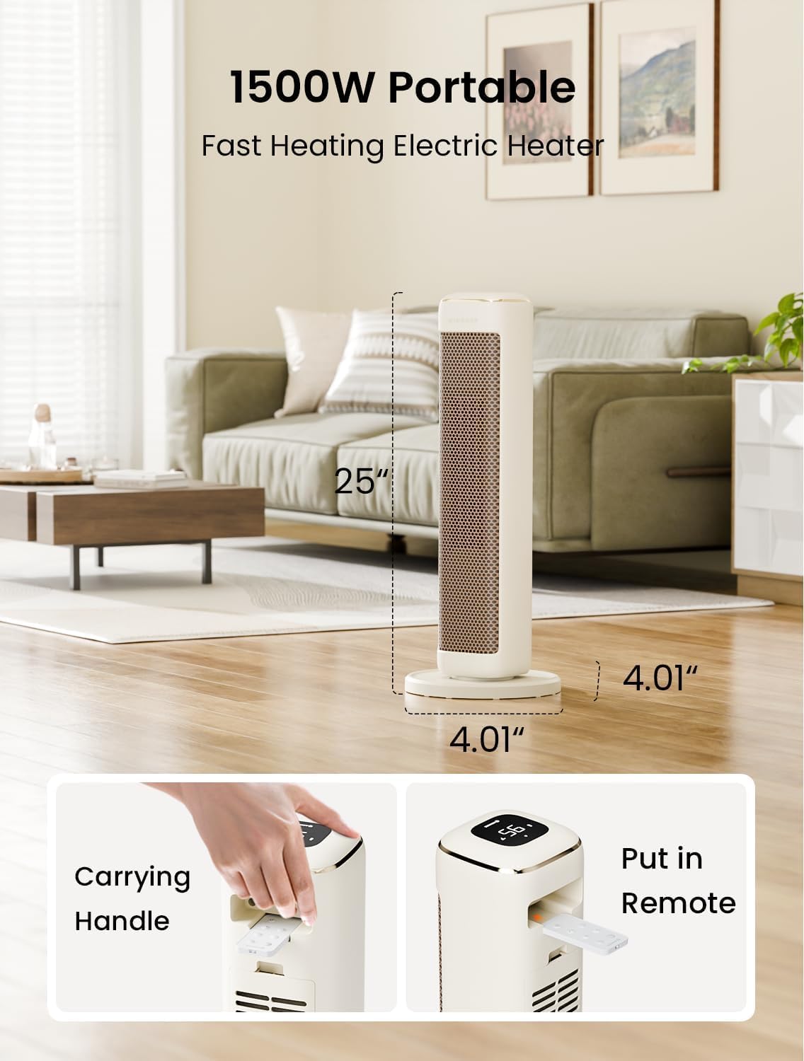 25" Space Heaters For Indoor Use Large Room, Electric Heaters For Indoor Use with Thermostat, Oscillating Room Heaters with Timer, Remote Control, Overheat Protection Tower Heater for Bedroom (Beige)
