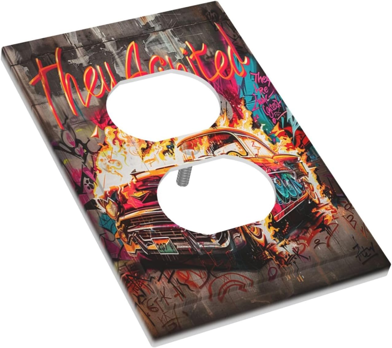 Outlet Covers Hip Hop Street Graffiti Flame Car 1 Gang Duplex Wall Plate Decorative Switch Plates Electrical Receptacle Faceplate Light Switch Cover for Bedroom living Room Decor