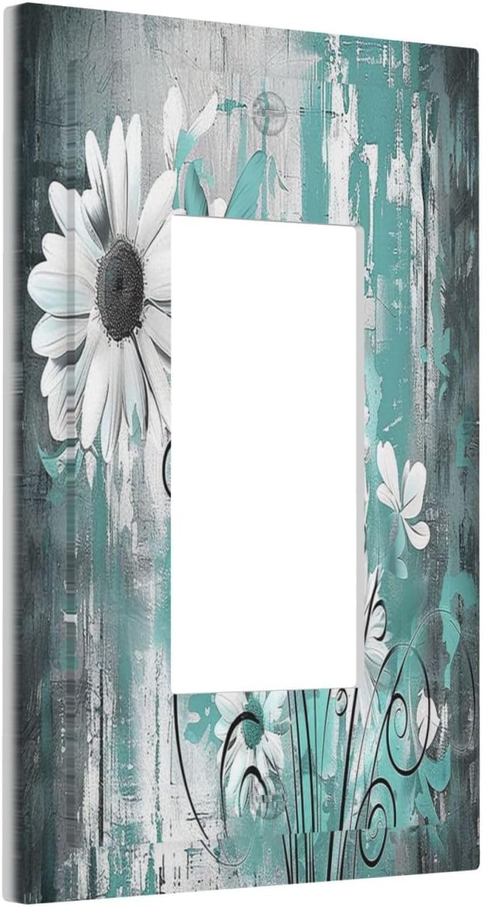 Decorative Outlet Covers Teal Daisy Floral Vintage Wood Plank 1 Gang Single Rocker Light Switch Cover Plate Wall Plates Gfci Faceplate For Farmhouse Cabin Decor