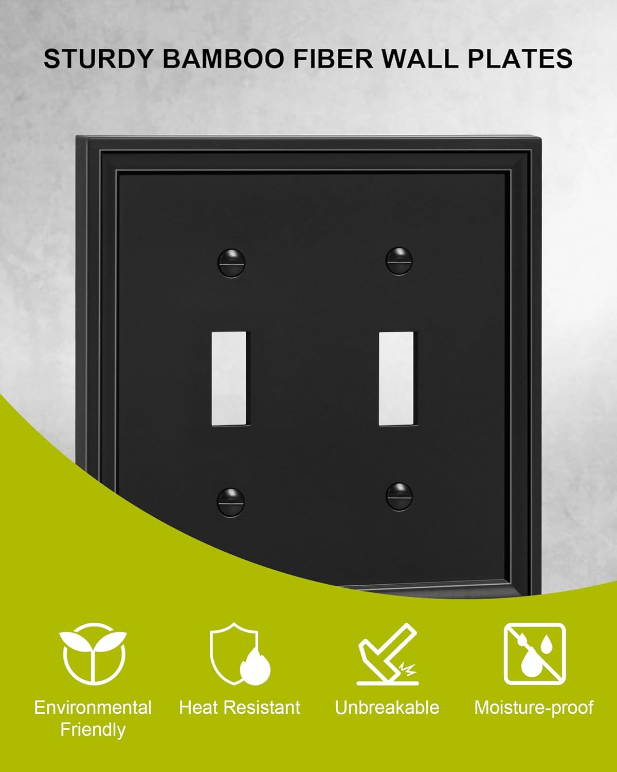2-Pack Double Toggle Light Switch Cover Plate, Black Decorative Dual Switch Plate Covers, Natural Bamboo Fiber 2 Gang Wall Plate, Corrosion Resistant