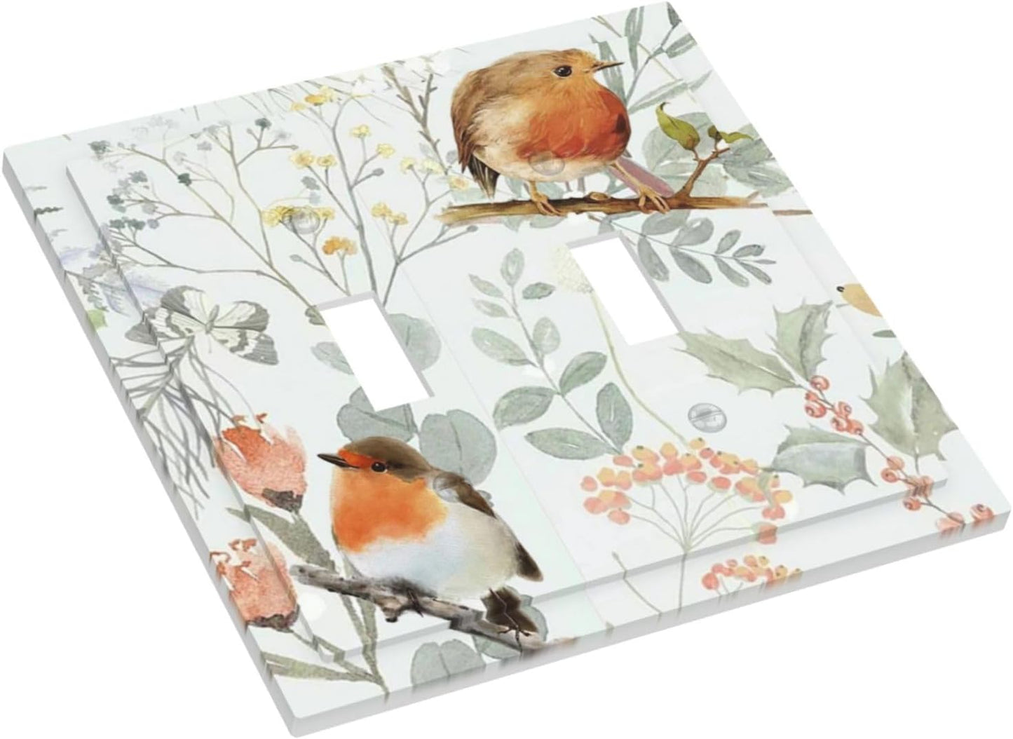 Decorative Switch Plates Red Floral Berries Colorful Bird Plant 2 Gang Double Toggle Outlet Light Switch Cover Wall Plate Electrical Faceplate For Bed Room Living Room Decor