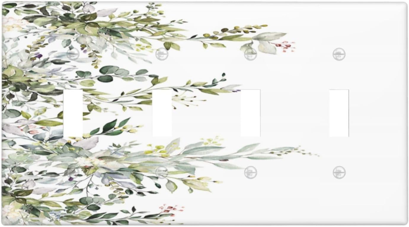 Decorative Light Switch Plate Covers Rustic Eucalyptus Leaves Green Leaf 4 Gang Light Switch Cover Quad Toggle Wall Plate Outlet Covers for Bedroom Home Decor