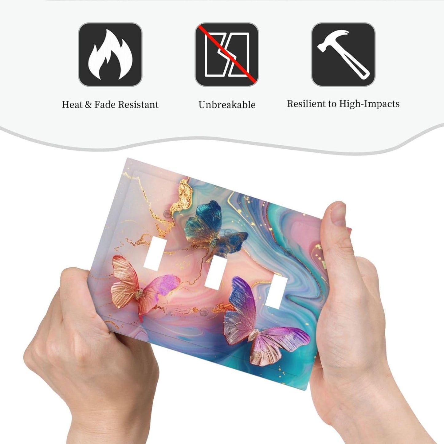 Colorful Marble Butterfly Gold Glitter Abstract Print Decorative Switch Plates 3 Gang Wall Plate Triple Toggle Light Switch Cover Faceplate Electrical Wall Panels for Bed Room Living Room Decor