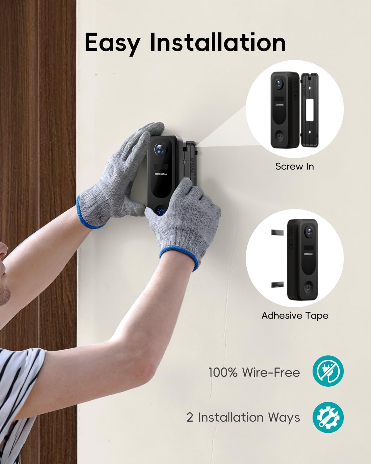 ZUMIMALL Doorbell Camera Wireless No Subscription - 2K Video Doorbell with Chime, 2 Way Audio, Anti-Theft, PIR Human/AI Detection, Local/Cloud Storage, 2.4GHz WiFi, Battery Powered, Work with Alexa