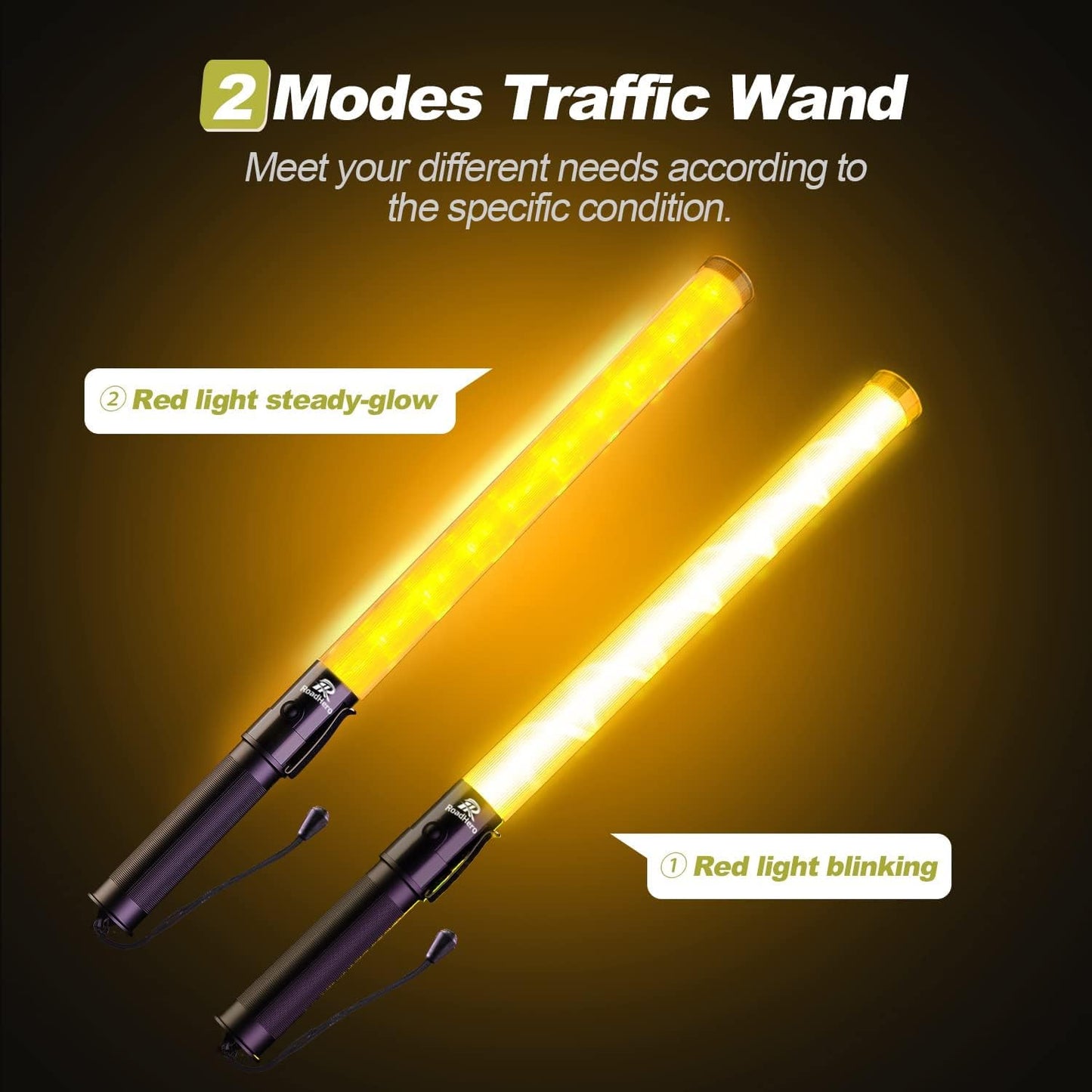 RoadHero 2 Pack 21 Inch Traffic Wand, Yellow Led Traffic Control Baton, Night Safety Light Wands with 2 Flashing Modes, Air Marshaling Signal Wand with Side Clip for Airport, Parking, Car Directing