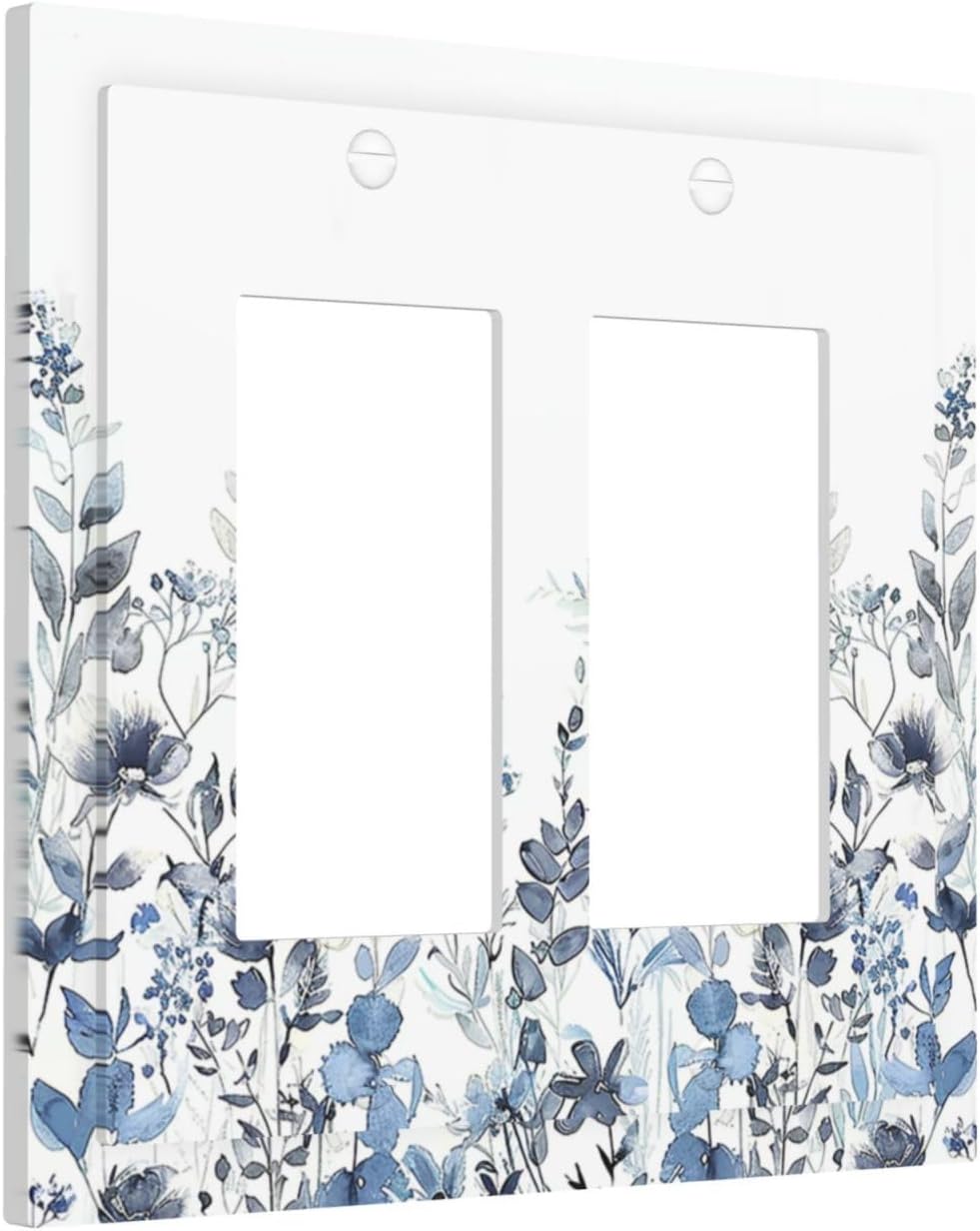 Decorative Outlet Covers Light Blue Watercolor Leaves Plant With Floral 2 Gang Double GFCI Rocker Electrical Wall Panels Light Switch Cover Plate for Bedroom Bathroom Decor