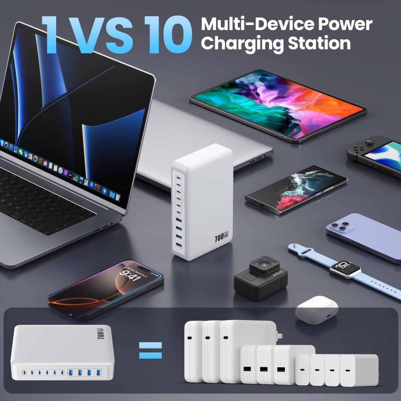 USB C Charger 700W USB C Charger Block,Upgraded GaN V 10-Port Fast Charging Station Hub,3X PD 100W Laptop Charging Adapter Compatible with MacBook Pro/Air,DELL,Steam Deck,iPhone 16/15/14,Galaxy S23