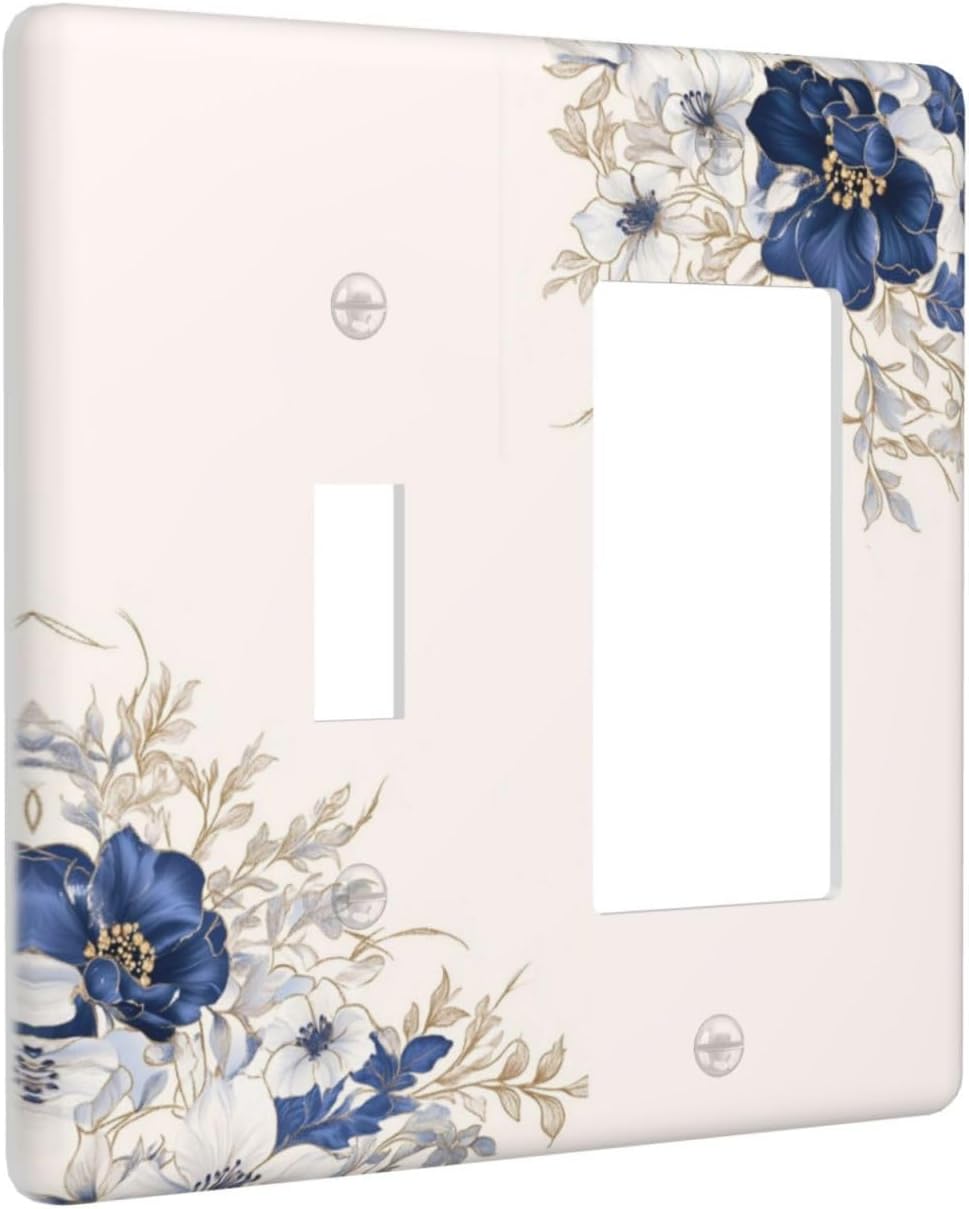 Decorative Outlet Covers Rustic Blue Beige Flower Peony Floral 2 Gang Light Switch Cover Plate Single Toggle 1 Rocker Wall Plates for Electrical Outlets Switch Plate Covers for Home Decor
