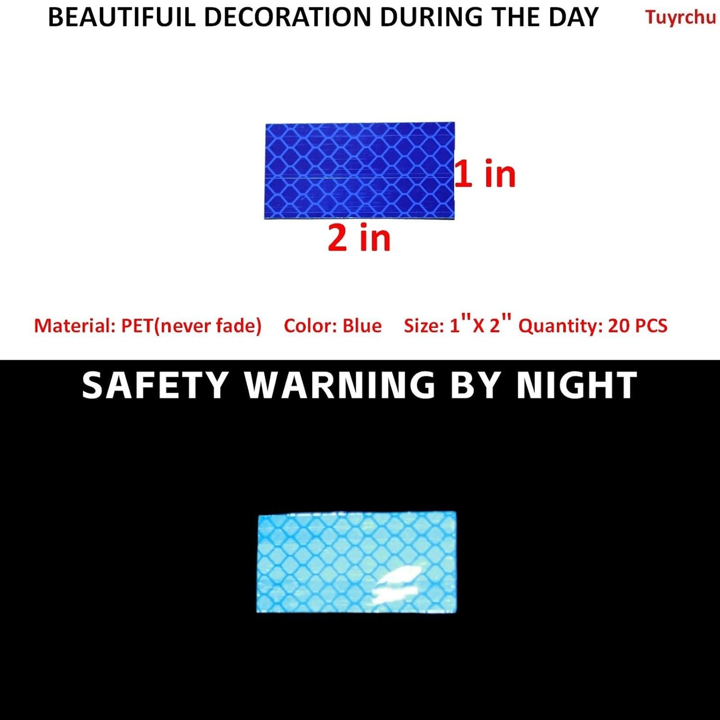 Non Fading Blue Reflective Stickers 1 inch X 2 inch, Outdoor Waterproof High Visibility Warning Safety Adhesive Reflector Tape (20 Pcs)