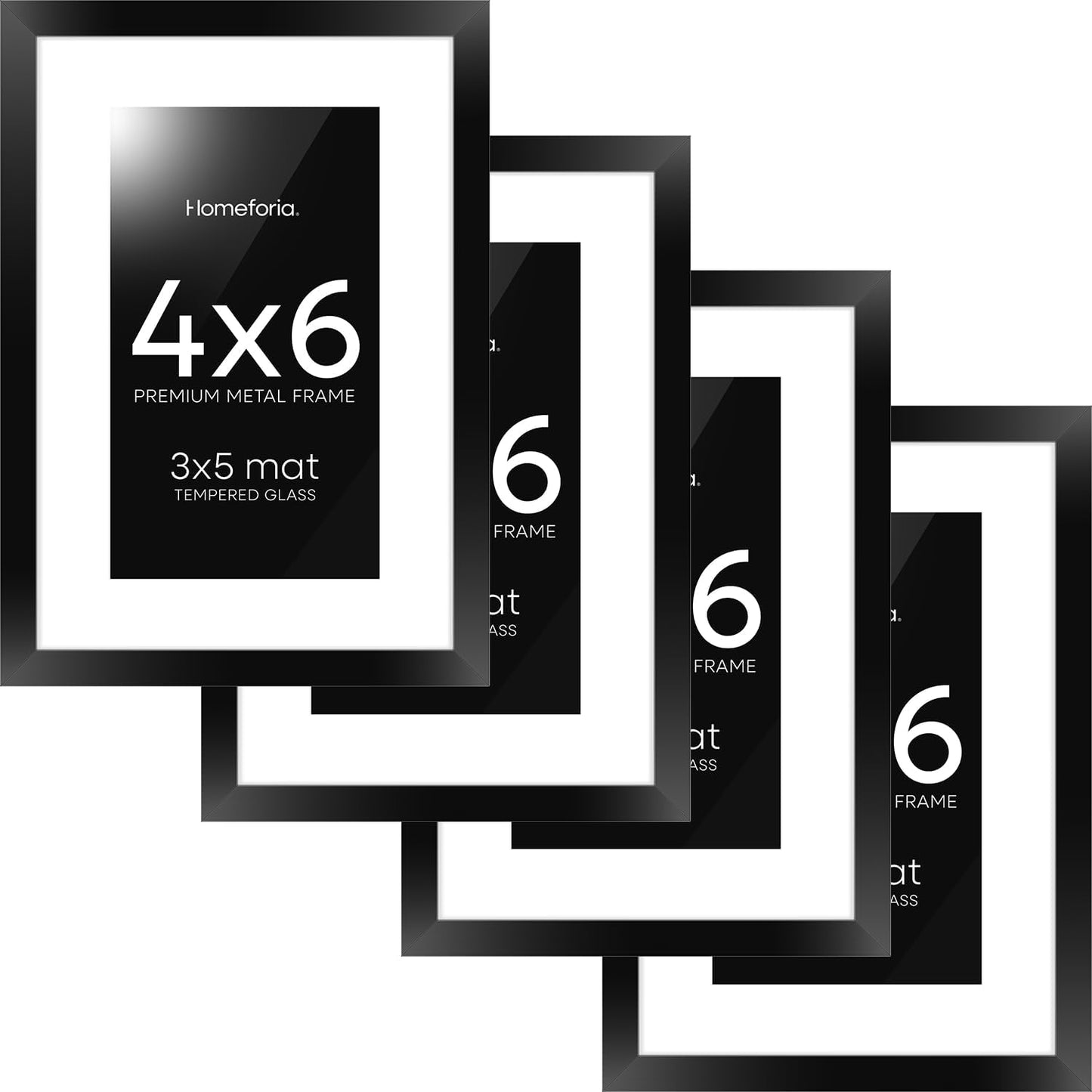 Homeforia 4x6 Picture Frame Black, High End Metal 4 x 6 Black Frames with Mat 3 x 5 for Art, 4x6 Desk Frame Matted to 3x5 inch Photo, 4 by 6 Wall or Tabletop Frames, Tempered Glass, Wall Kit, Set of 4