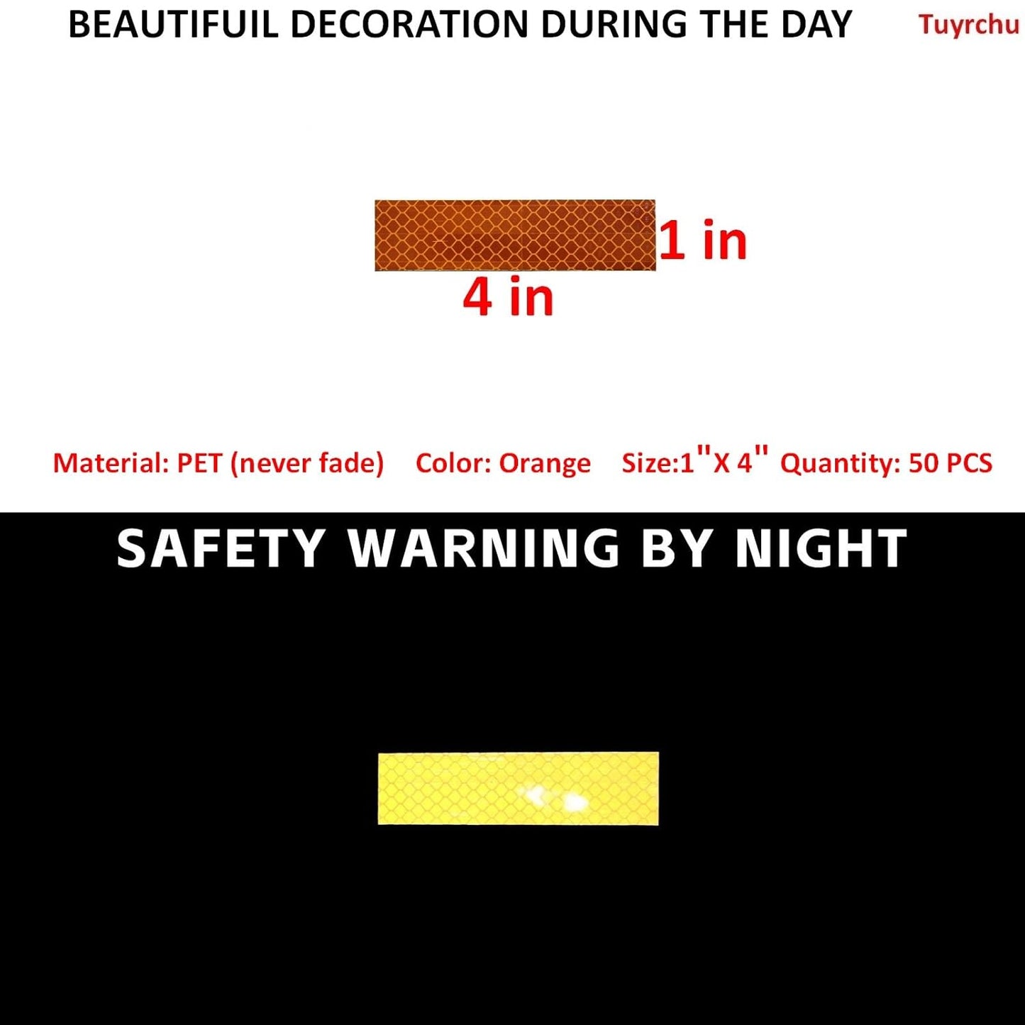 Non Fading Orange Reflective Stickers 1 inch X 4 inch, Outdoor Waterproof High Visibility Warning Safety Adhesive Reflector Tape (50 Pcs)
