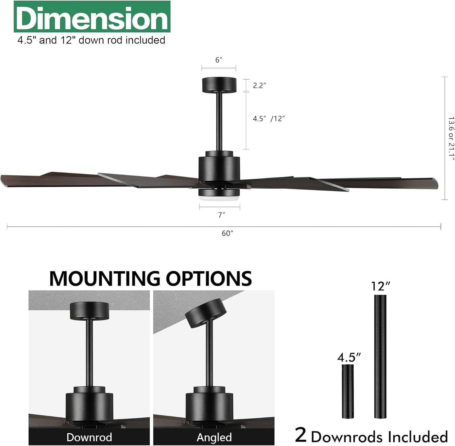 WINGBO 60" DC Ceiling Fan with Lights and Control, Matte Black Ceiling Fan with Walnut/Walnut Shadowed Reversible Blades, 6-Speed DC Motor, 8 Blade Wood Ceiling Fans for Kitchen Bedroom Living Room