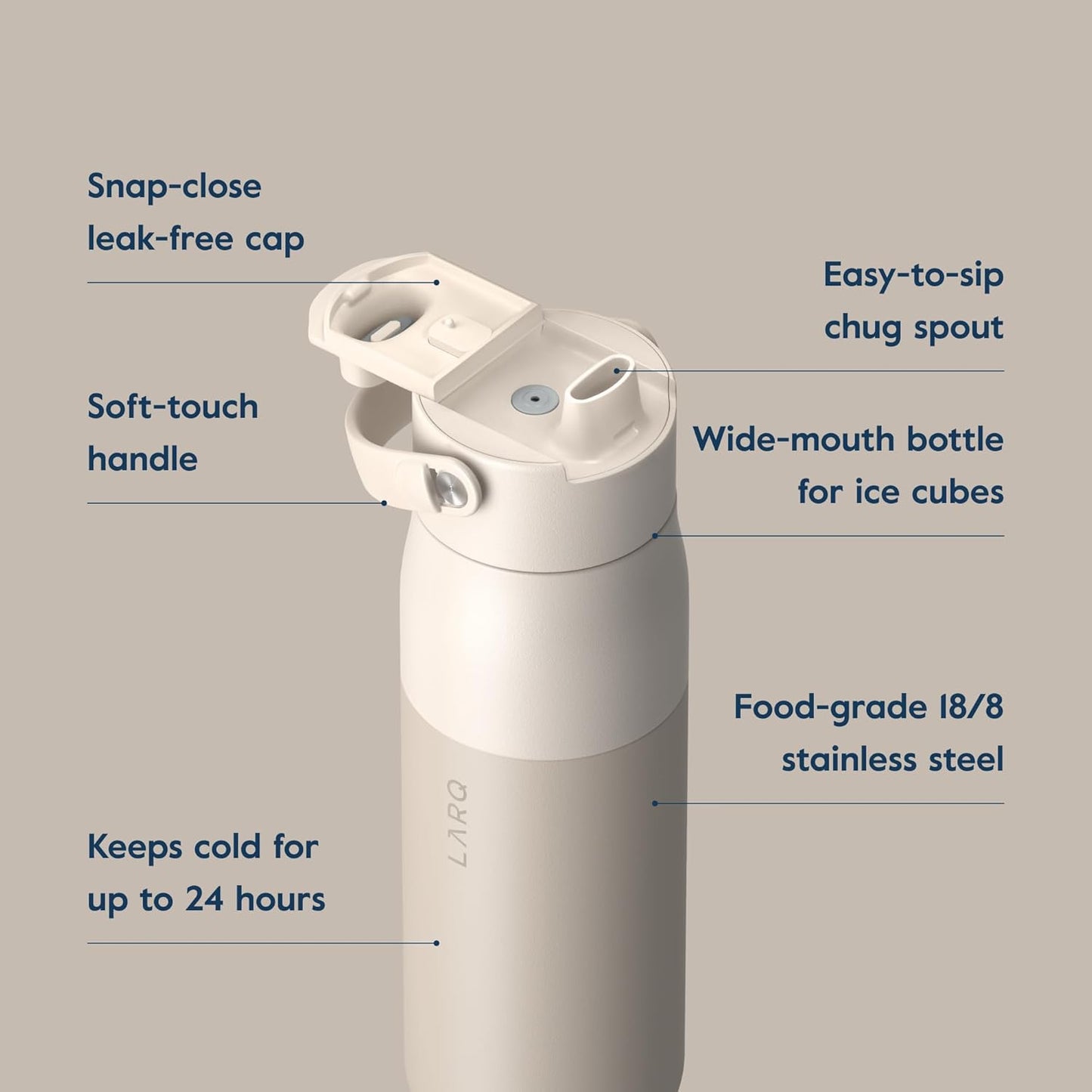 LARQ Bottle Swig Top 23oz - Insulated Reusable Stainless Steel Water Bottle With Built-In Silicone Handle | BPA Free | For Sports, Gym, and Travel | Mojave Dune