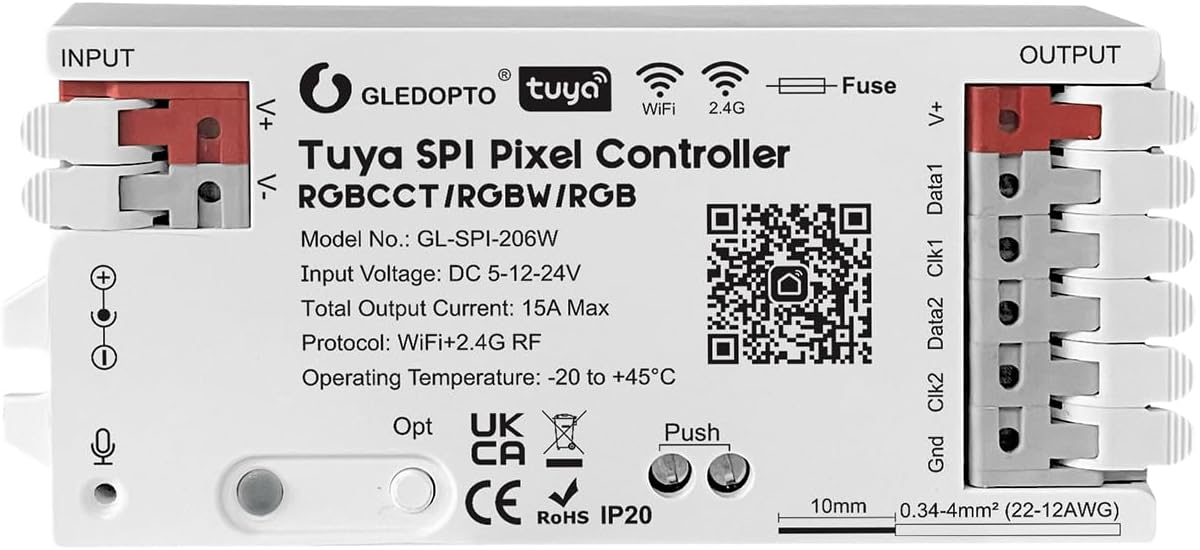 WiFi Tuya SPI Digital Pixel LED Strip Light Controller Smart Life App Control Over 40 Dynamic Lighting Easy to Setup for WS2811 TM1814B TM1934A SK6812 WS2801 WS2805 UCS2904B