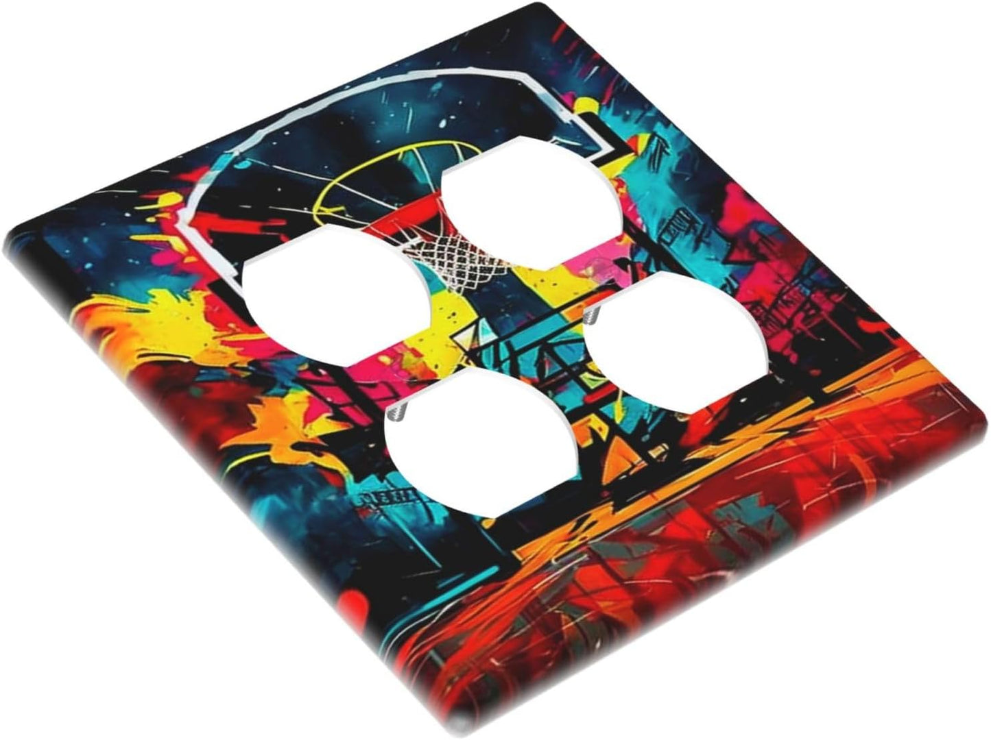 Decorative Outlet Covers Scrawl Colorful Basketball Graffiti Hoop 2 Gang Wall Plate Cover Double Duplex Receptacle Two Switch Light Switch Cover Plate Dual Faceplate for Home Decor