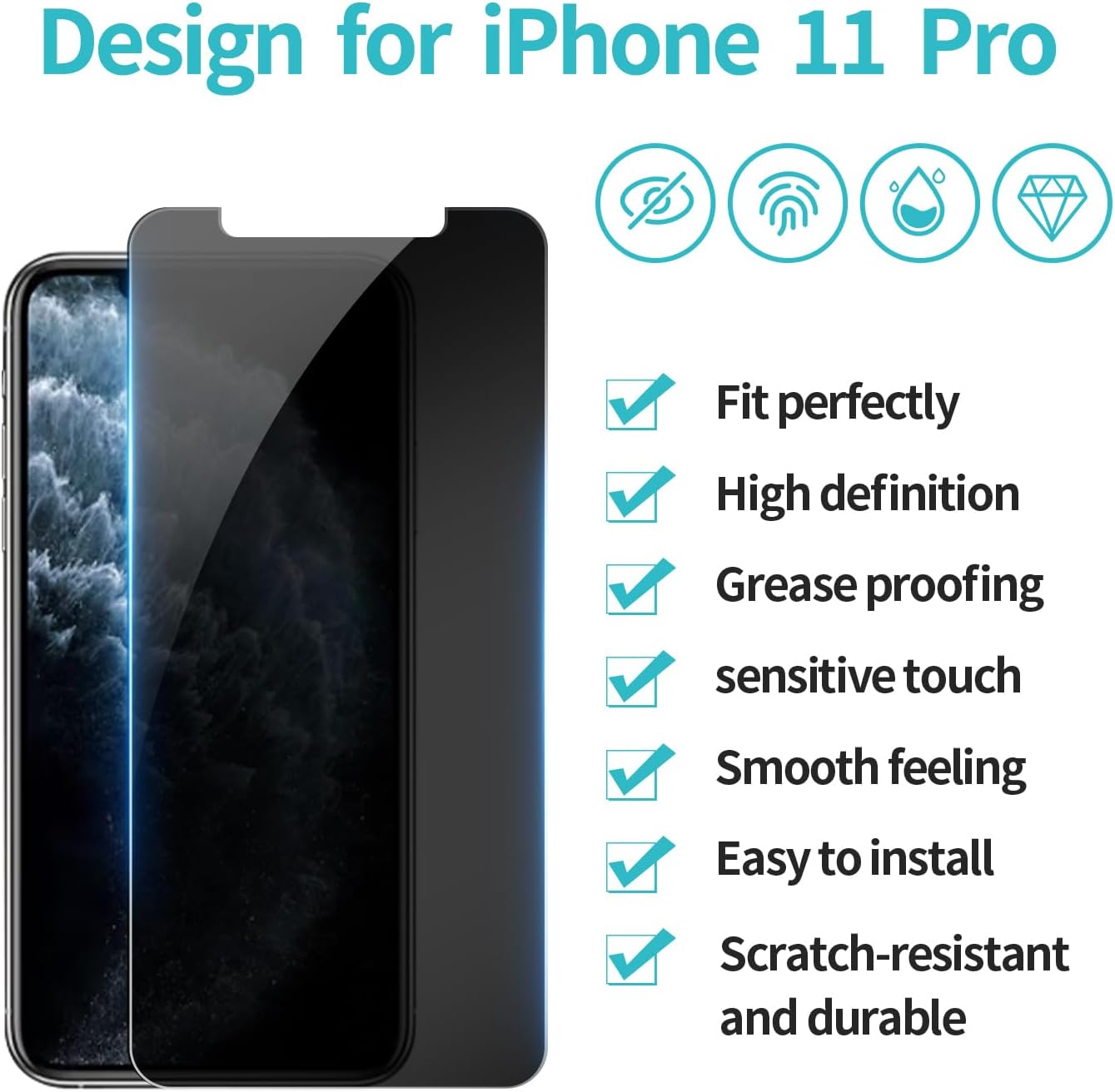 PEHAEL 3+3Pack for iPhone 11 Pro Privacy Screen Protector with Camera Lens Protector Full Coverage Anti-Spy Tempered Glass Film 9H Hardness Easy Installation Bubble Free [5.8 inch]