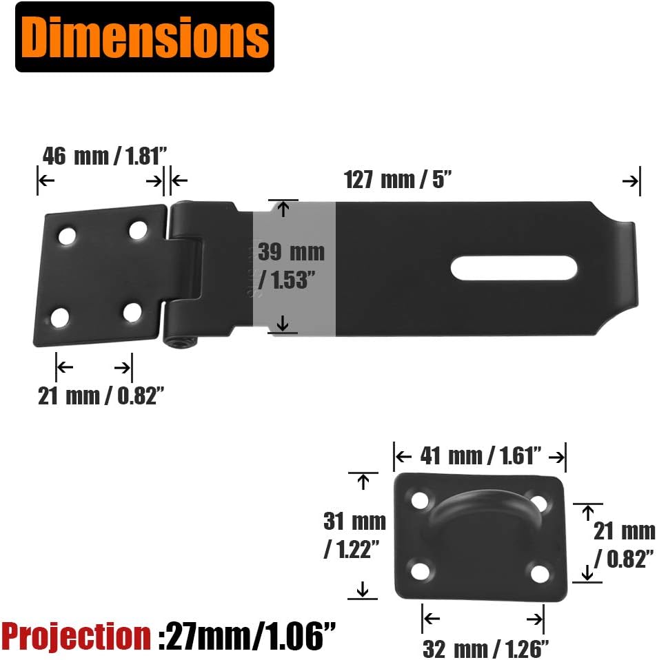 JQK Door Hasp Latch Lock, 5 Inch 304 Stainless Steel Safety Packlock Clasp Thickness 1.9 mm, Matte Black 2 Pack, DL130-PB-P2