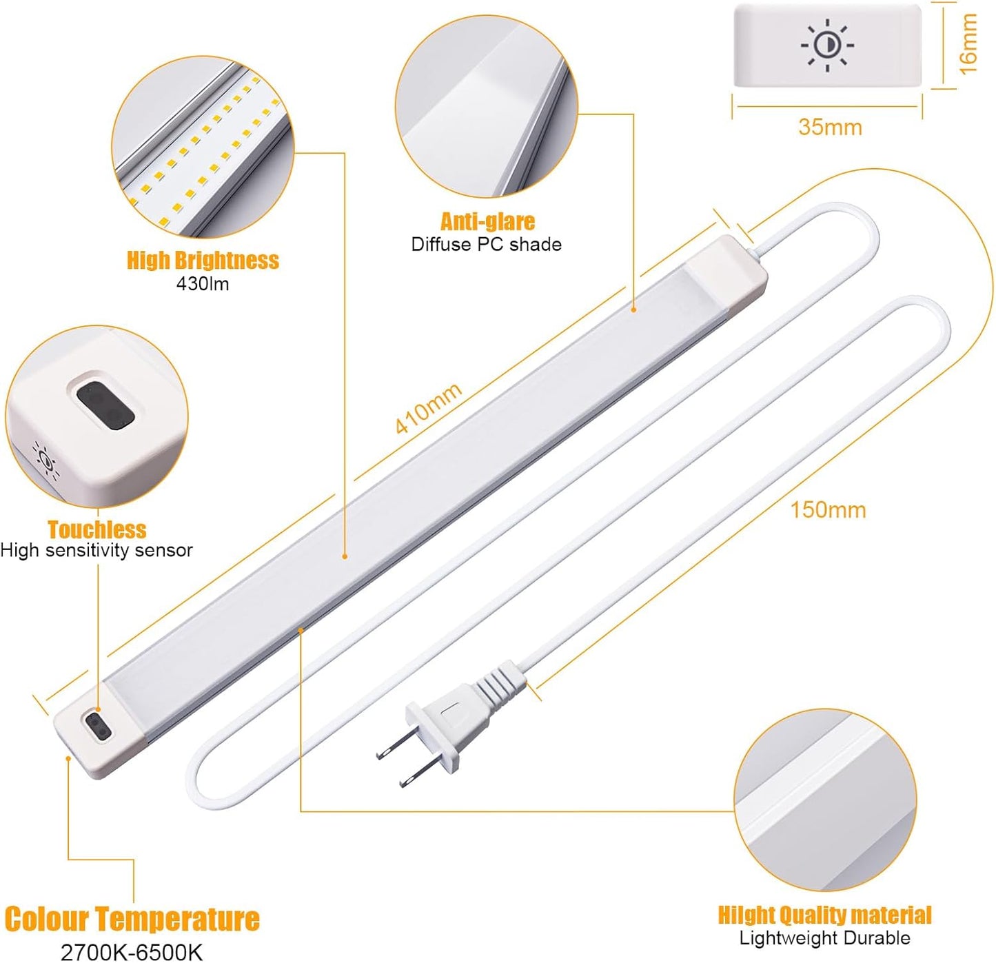 MYPLUS Under Cabinet Lights with Hand Wave, 16" Dimmable 5 Color 2700K/3500K/4000K/5000K/6500K, Bright 450 Lumens,7W,120V, Led Light Bar for Kitchen,Sink,Indoor