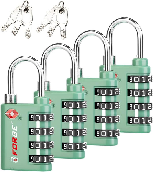 Forge Dual-Opening: Key or Combination Lock, TSA Approved Lock for Luggage, Pelican case, Travel, Gym, School, Luggage Combination Lock, Travel Bag Lock (Green 4 Pk)