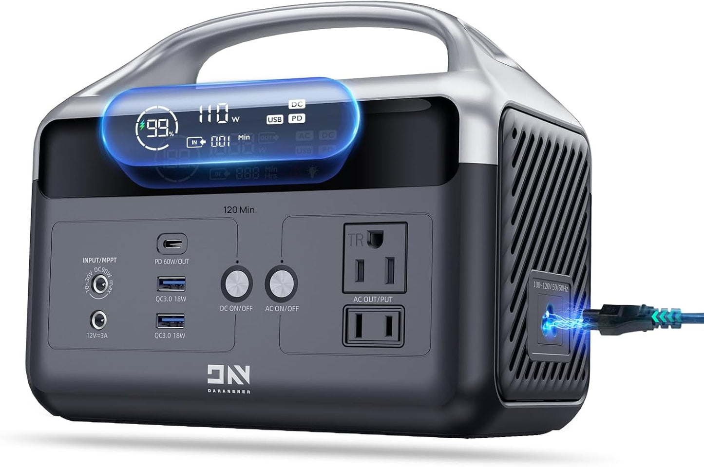 DaranEner Portable Power Station 60,000mAh, 192Wh LiFePO4 Battery Backup w/2 300W (Surge 600W) AC Outlets, 2H Fast Charging, Power Bank for Hurricane Emergency/Home/Outdoor Camping/RVs Use