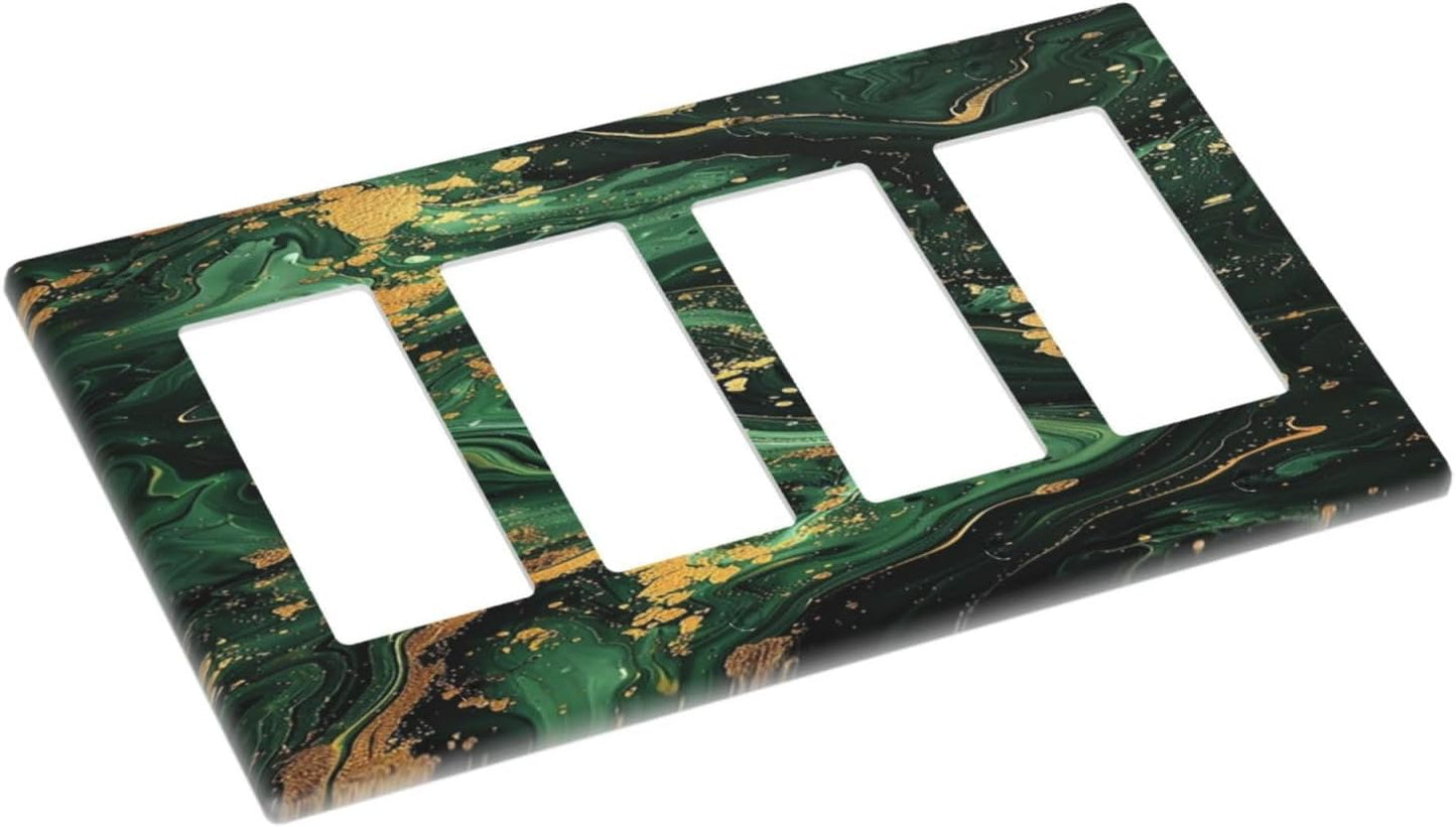 Green/Gold Modern Abstract Luxury Marble 4 Gang Wall Plates Outlet Covers Quad Rocker Light Switch Cover Plate Decorative Switch Plates GFCI Electrical Faceplate for Bathroom Bedroom 4.5 X 8 IN